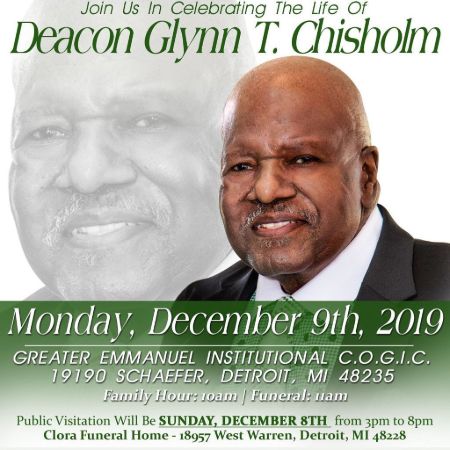 The funeral invitation of Jacky Clark-Chisholm's husband Deacon Glynn T. Chisholm.